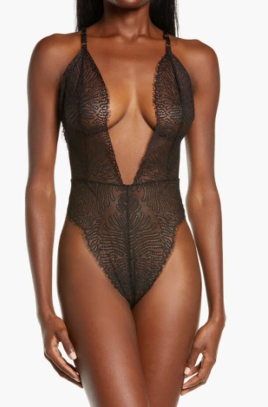 SUZY BLACK Martine Bodysuit Lingerie Large Black Lace Open Back Plunge Neck NWOT